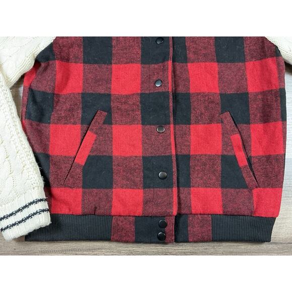 NWT Forever 21 Women Bomber Jacket Plaid Red Black Knit Sweater Sleeve Preppy L - Picture 3 of 8